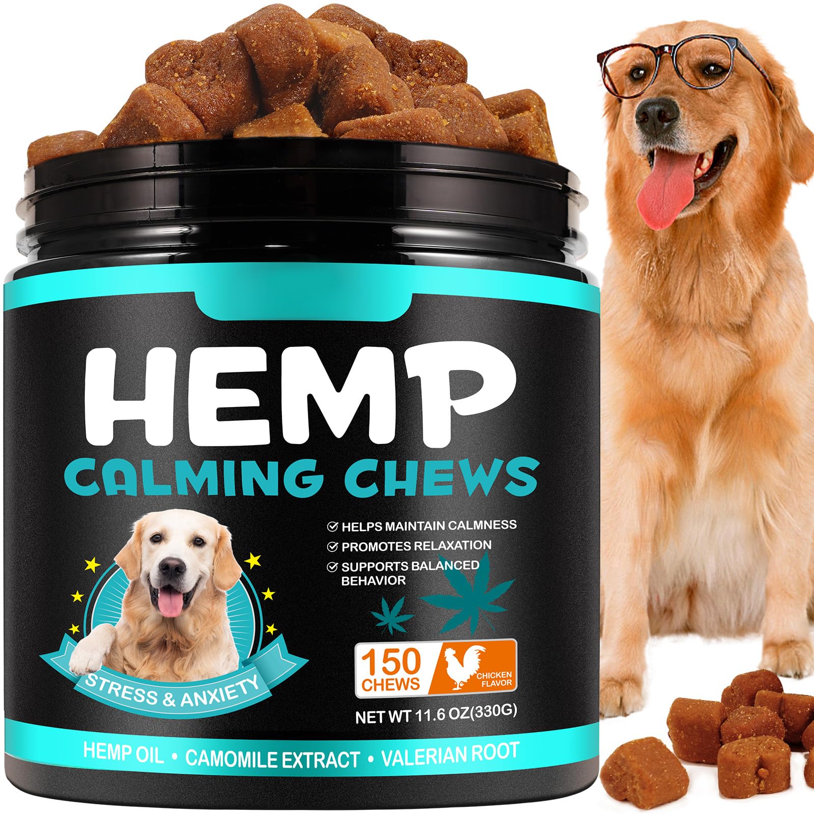 ATOANY Hemp Calming Chews for Dogs jar front view showing natural anxiety support