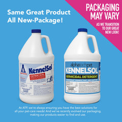 ATP KennelSol bottle pour demonstrates 10-minute contact time for disinfecting on surfaces and equipment.