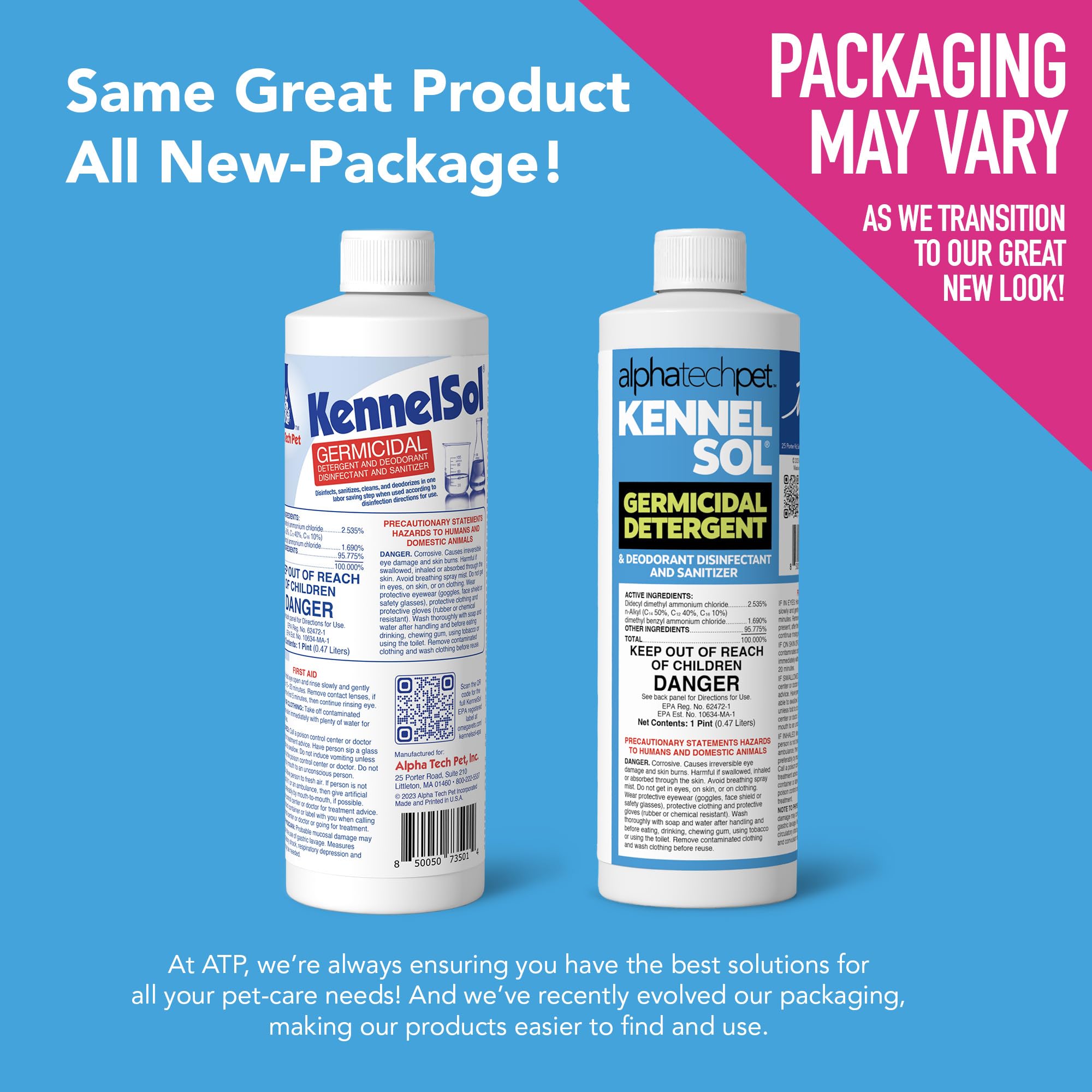 ATP KennelSol dilution steps showing safe, no-rinse disinfection