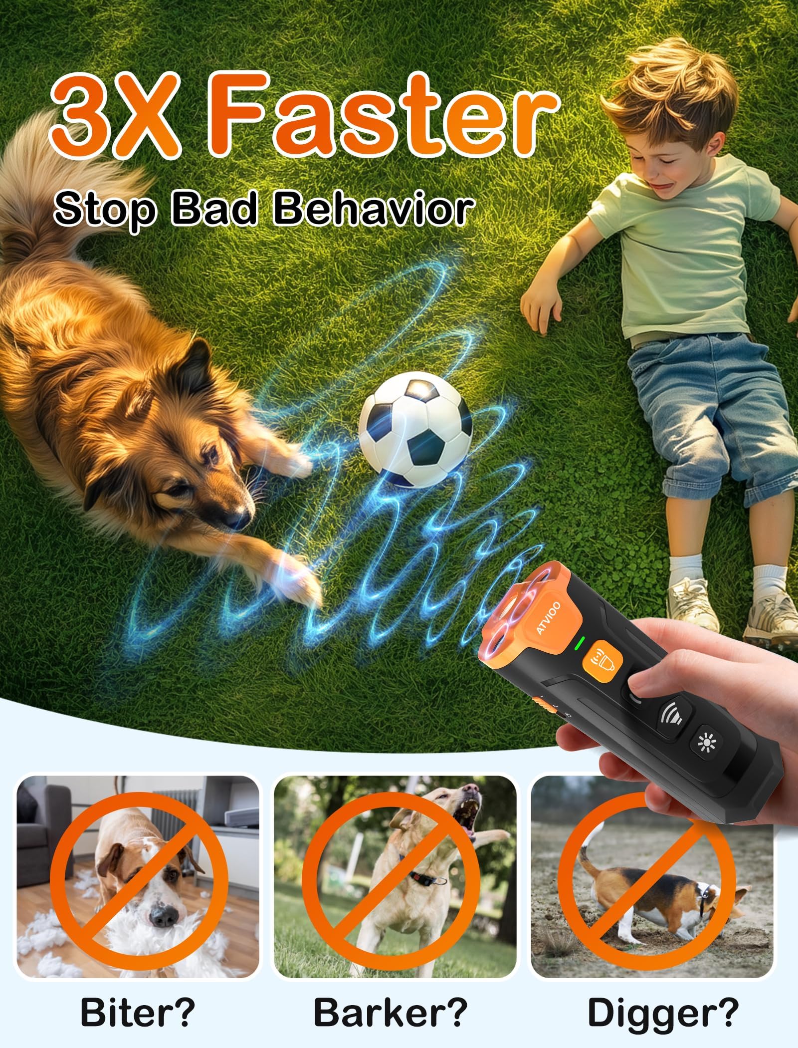 ATVIOO dog bark deterrent emitter close-up with three ultrasonic emitters for stronger cues.