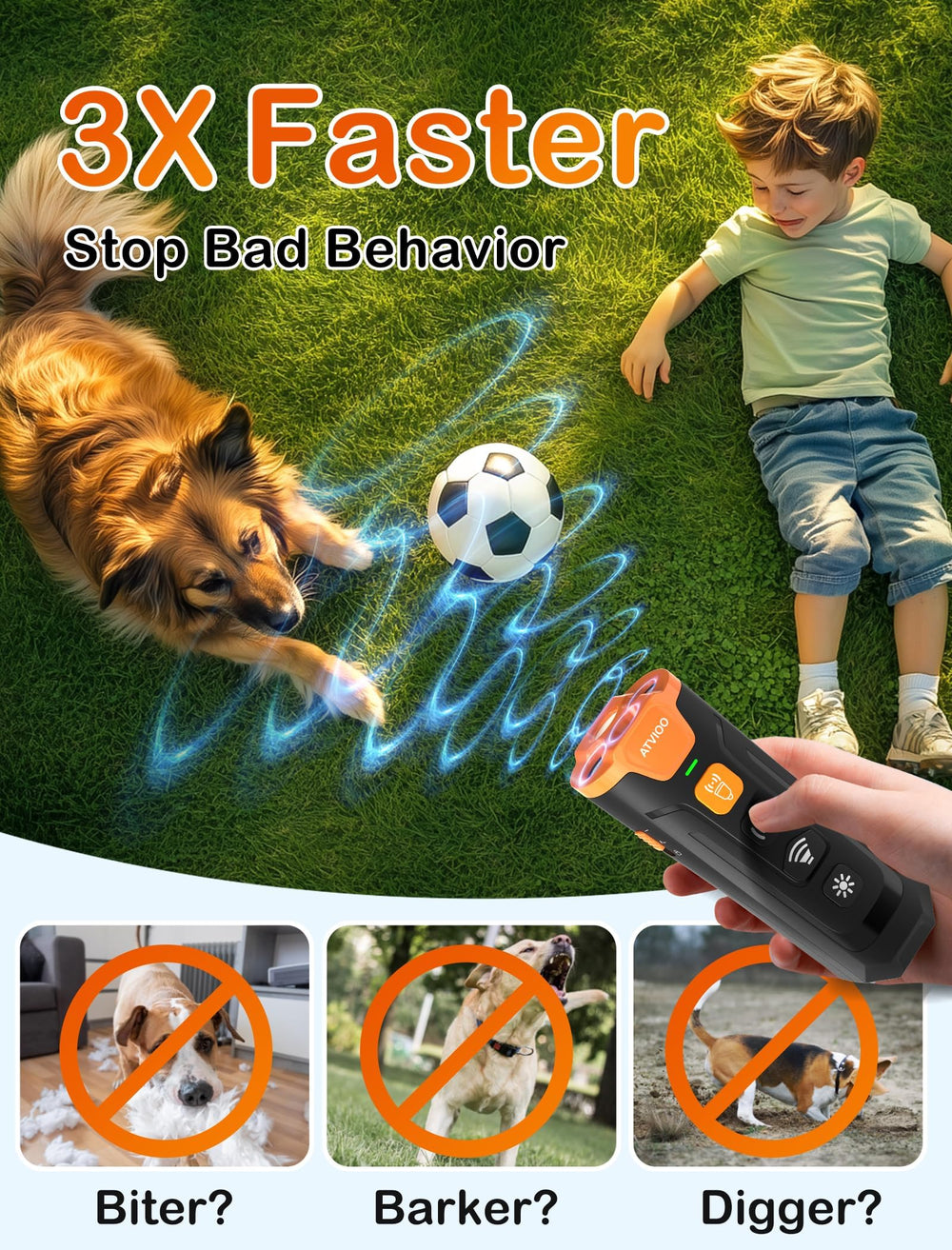 ATVIOO dog bark deterrent emitter close-up with three ultrasonic emitters for stronger cues.