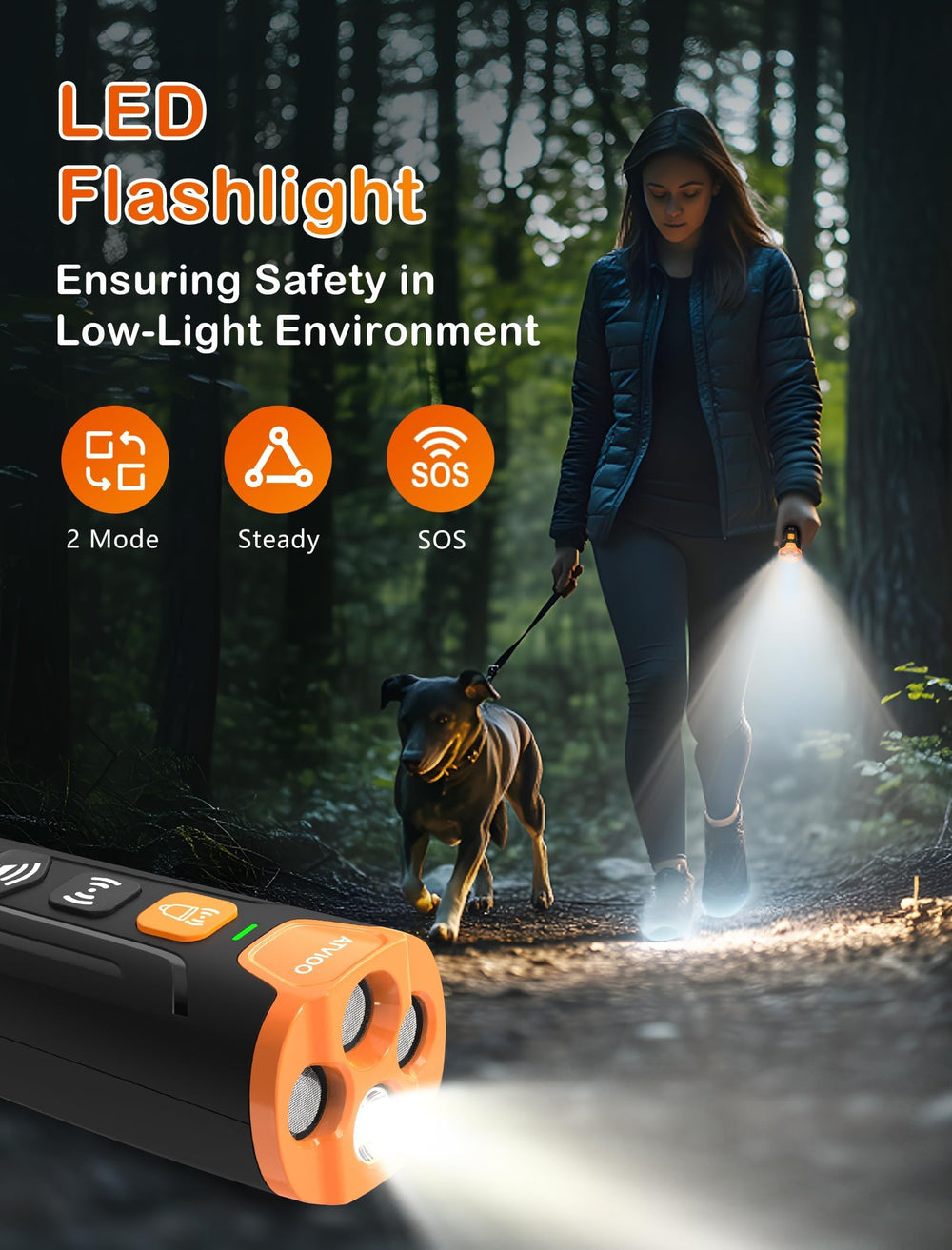 ATVIOO dog bark deterrent LED flash aids nighttime training and visibility.
