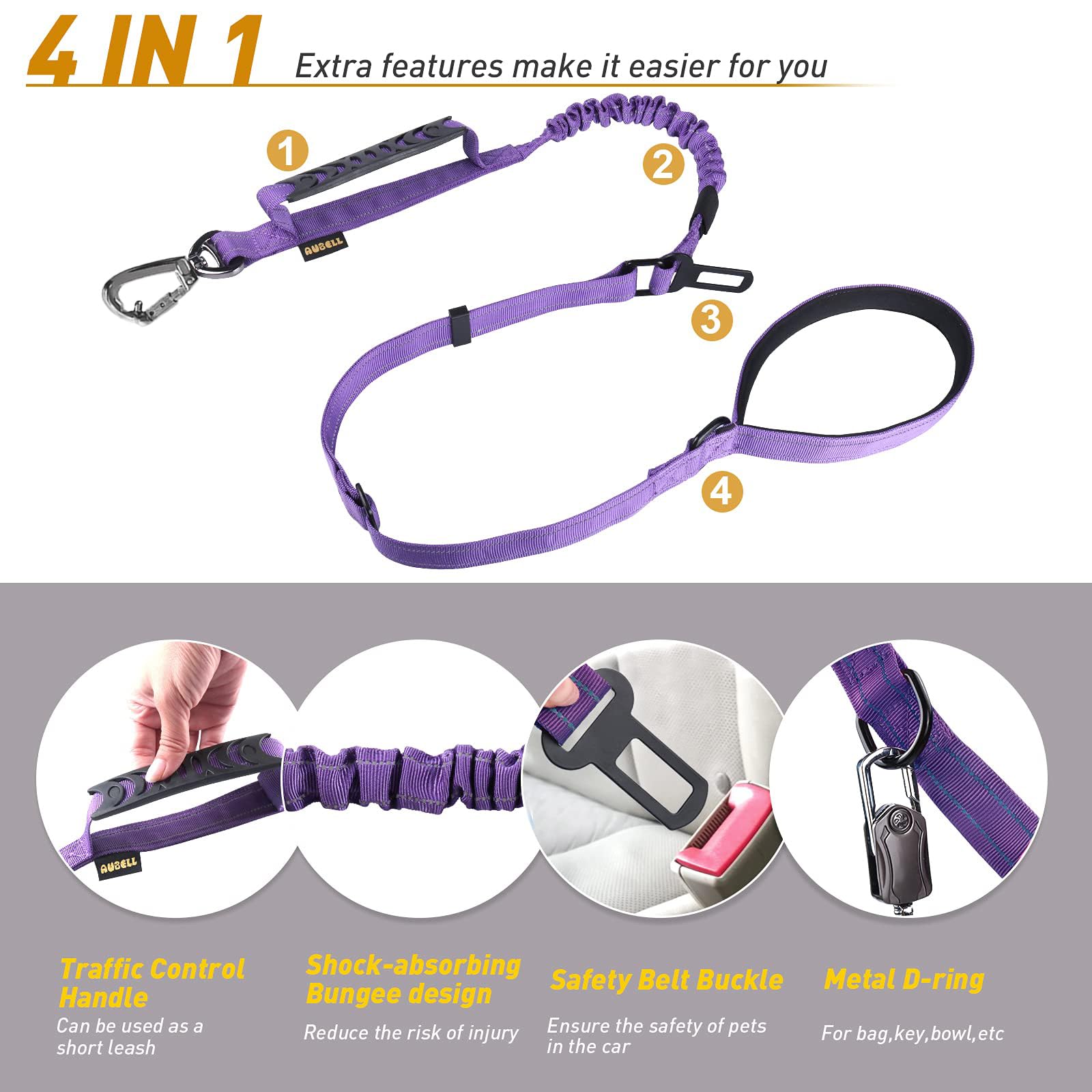 AUBELL leash with reflective thread improves night visibility for safety.