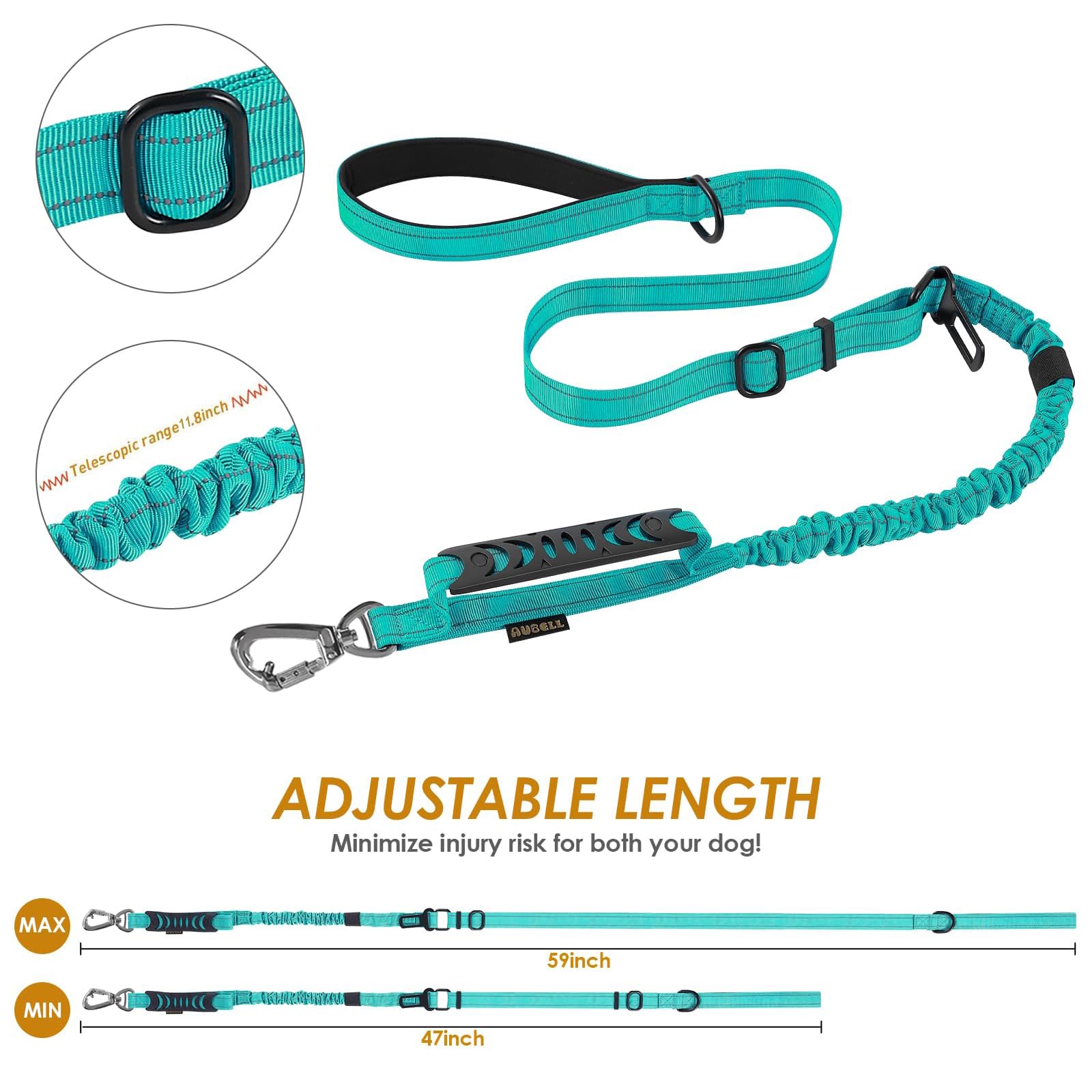 AUBELL teal-color leash adds a stylish safety touch for evening outings.