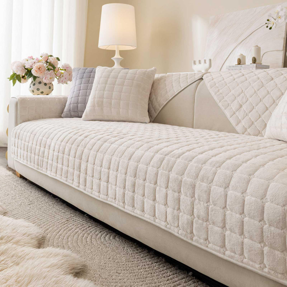 Aucrovee velvet couch cover on a sectional sofa, pet-friendly and hair-resistant protection.