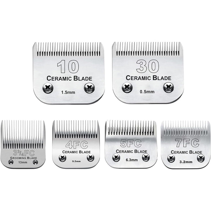 Audoc 6-pack dog grooming blades laid out for precise clipping.