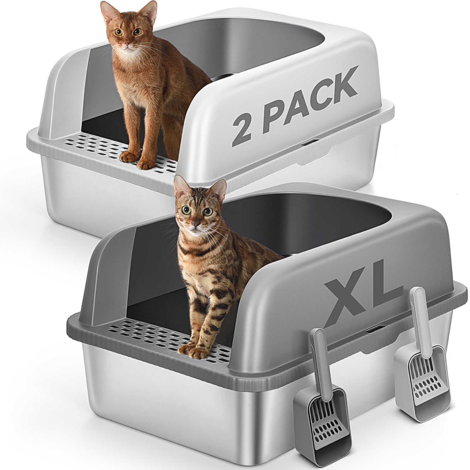 AUFYA 2-pack stainless steel cat litter boxes with lids keep litter contained and private.