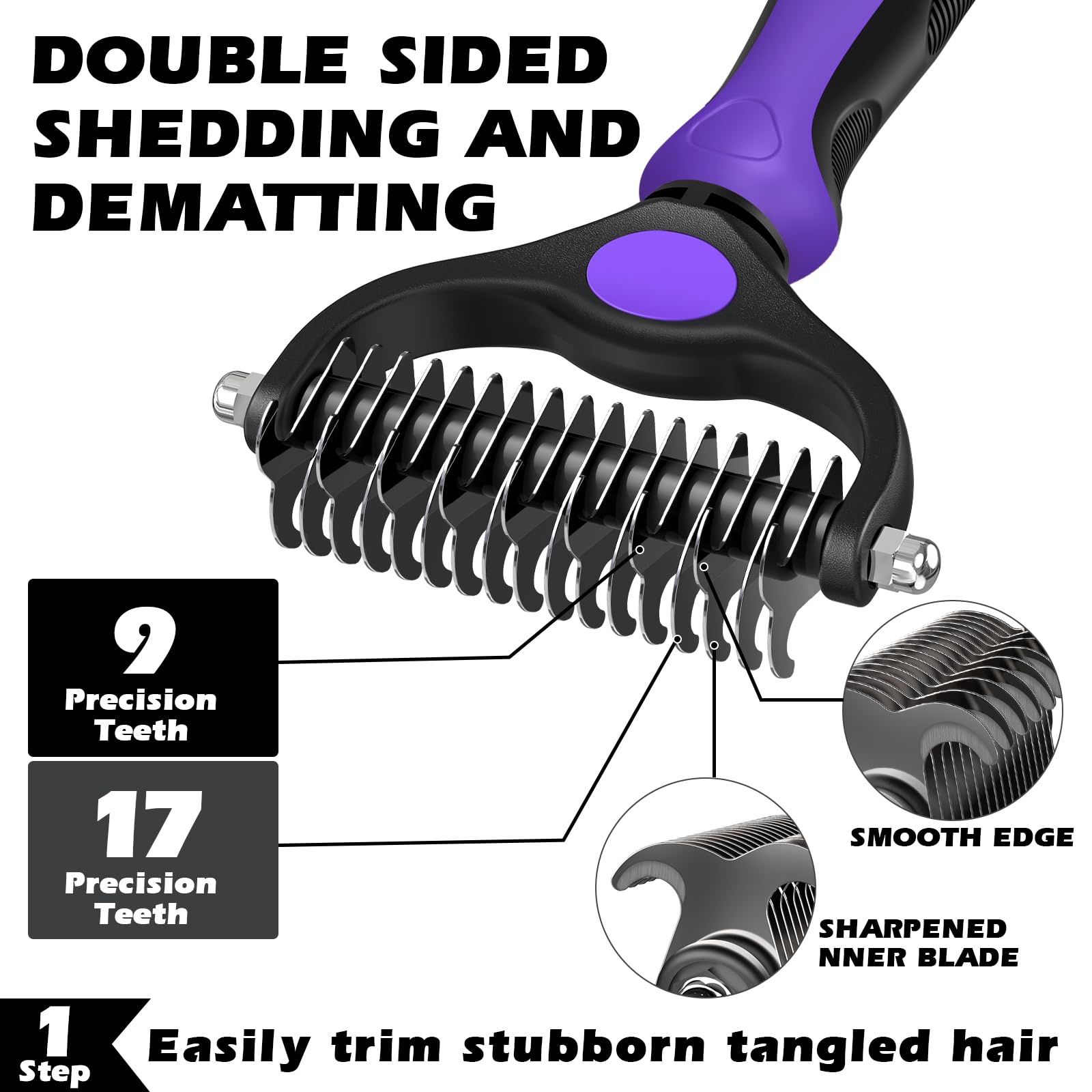 Augwind dematting rake detangles knots for faster grooming sessions.