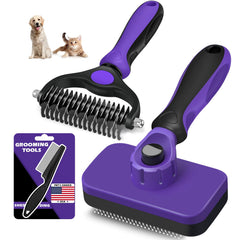 Augwind self-cleaning slicker brush removes loose fur for a smoother coat.