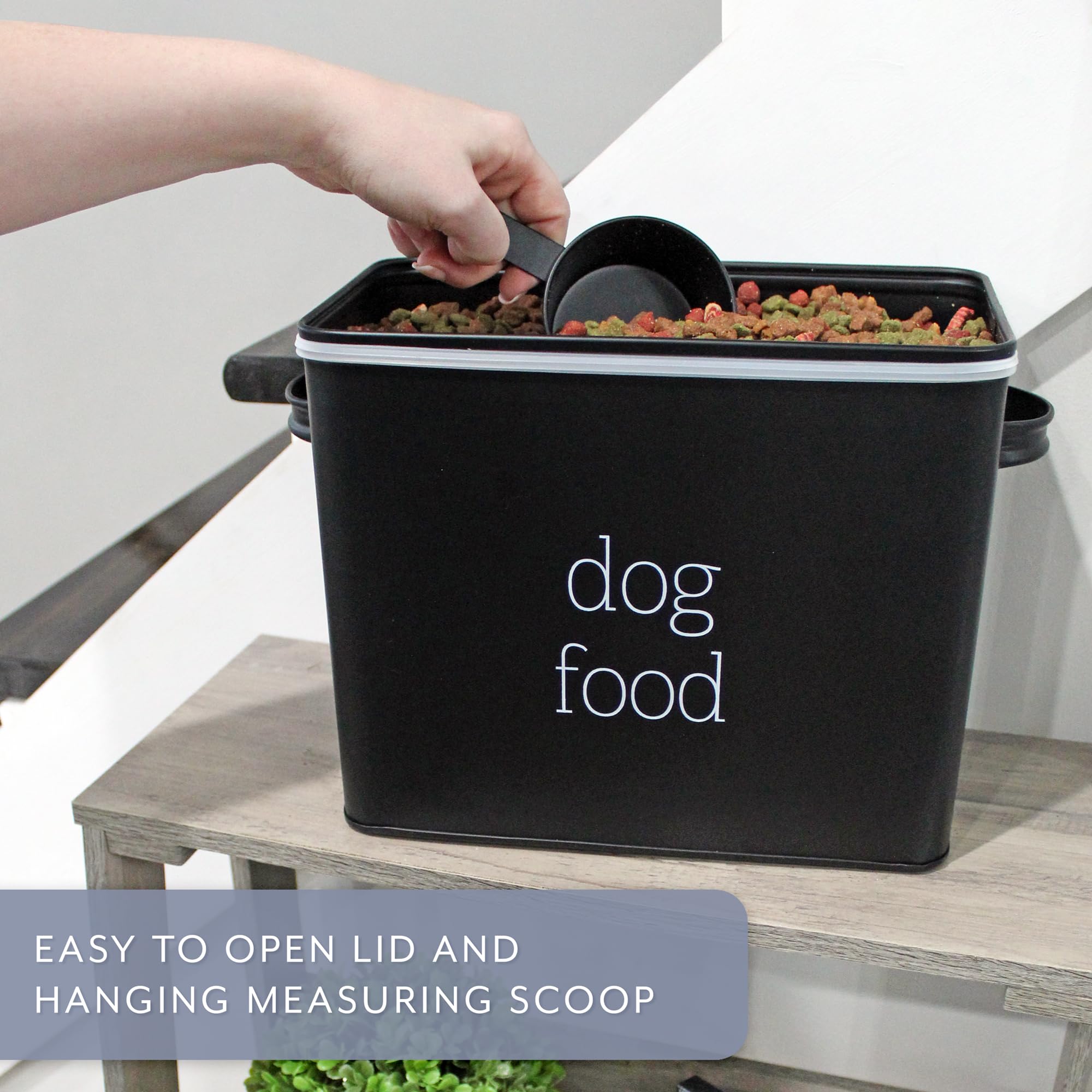 AuldHome Design enamelware dog food canister round base black, classic kitchen focal point