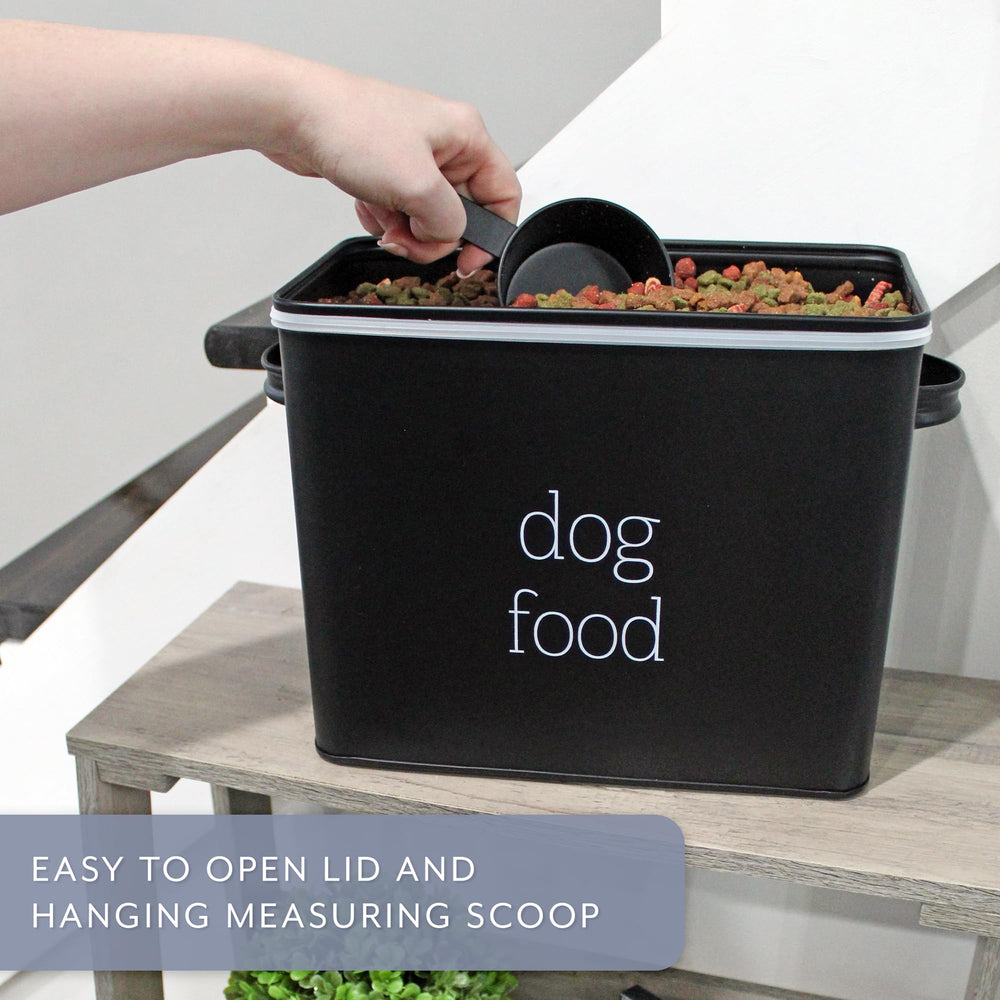 AuldHome Design enamelware dog food canister round base black, classic kitchen focal point