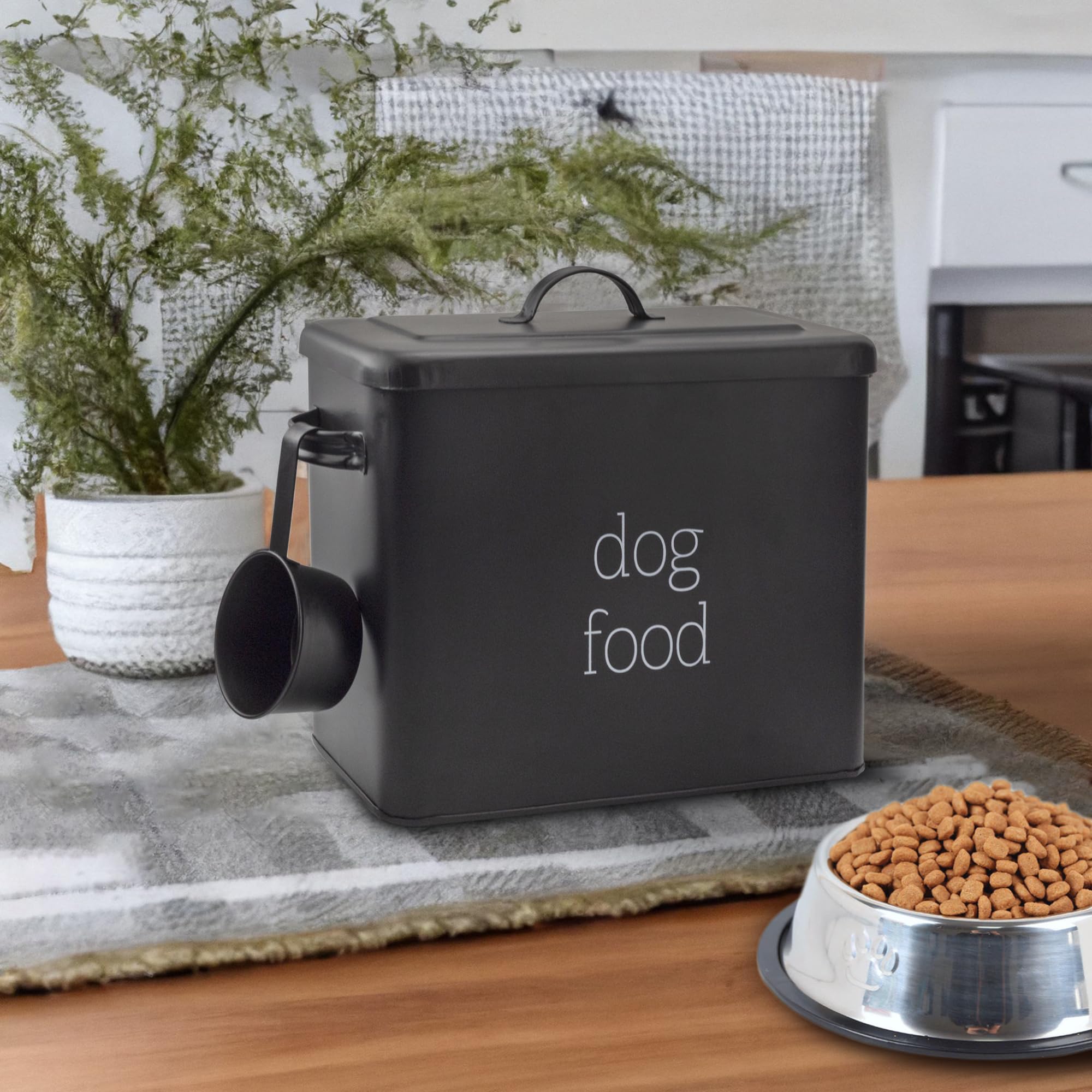 AuldHome Design retro dog food canister black, angled view ideal for countertop use