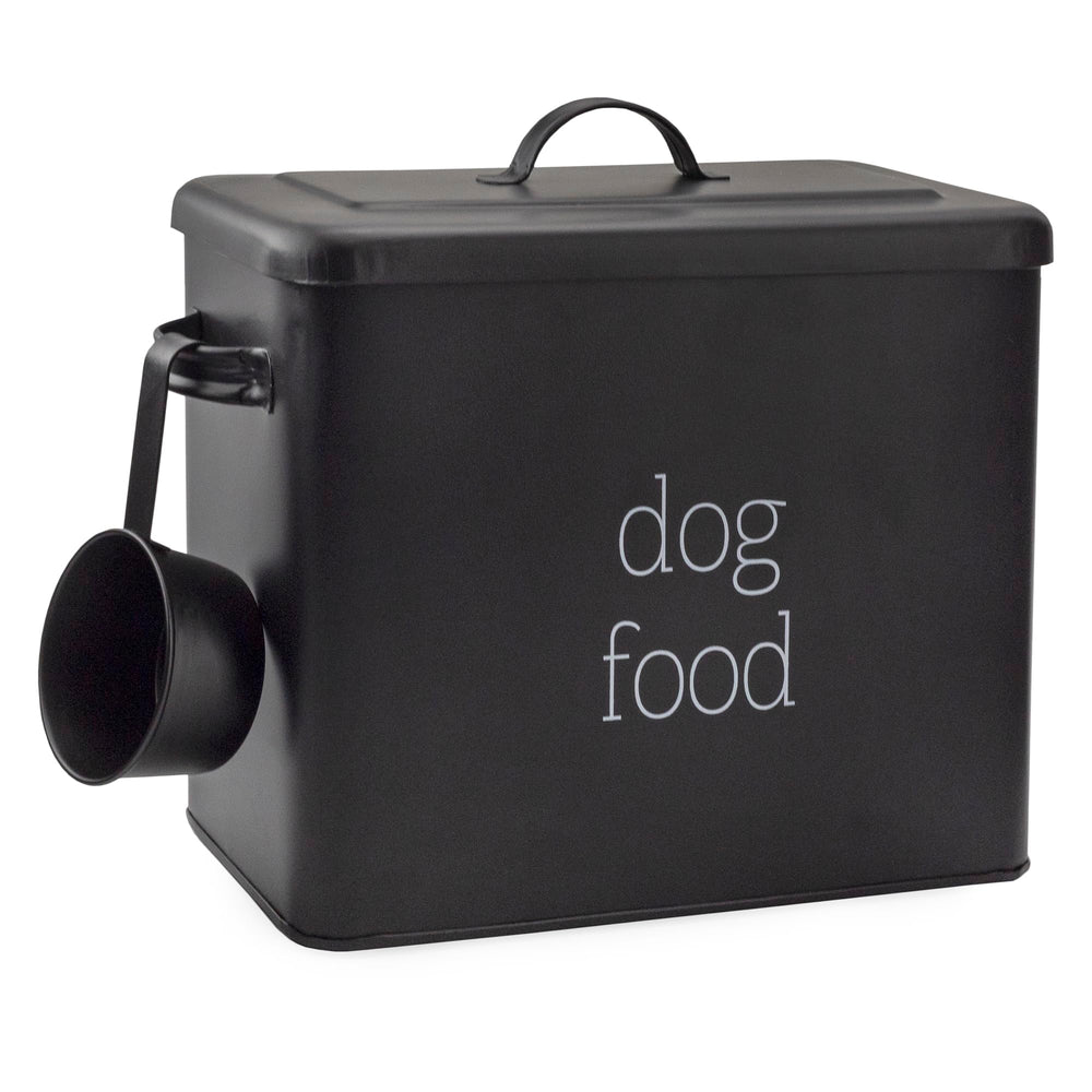 AuldHome Design retro dog food canister in black, front view for easy dry food storage