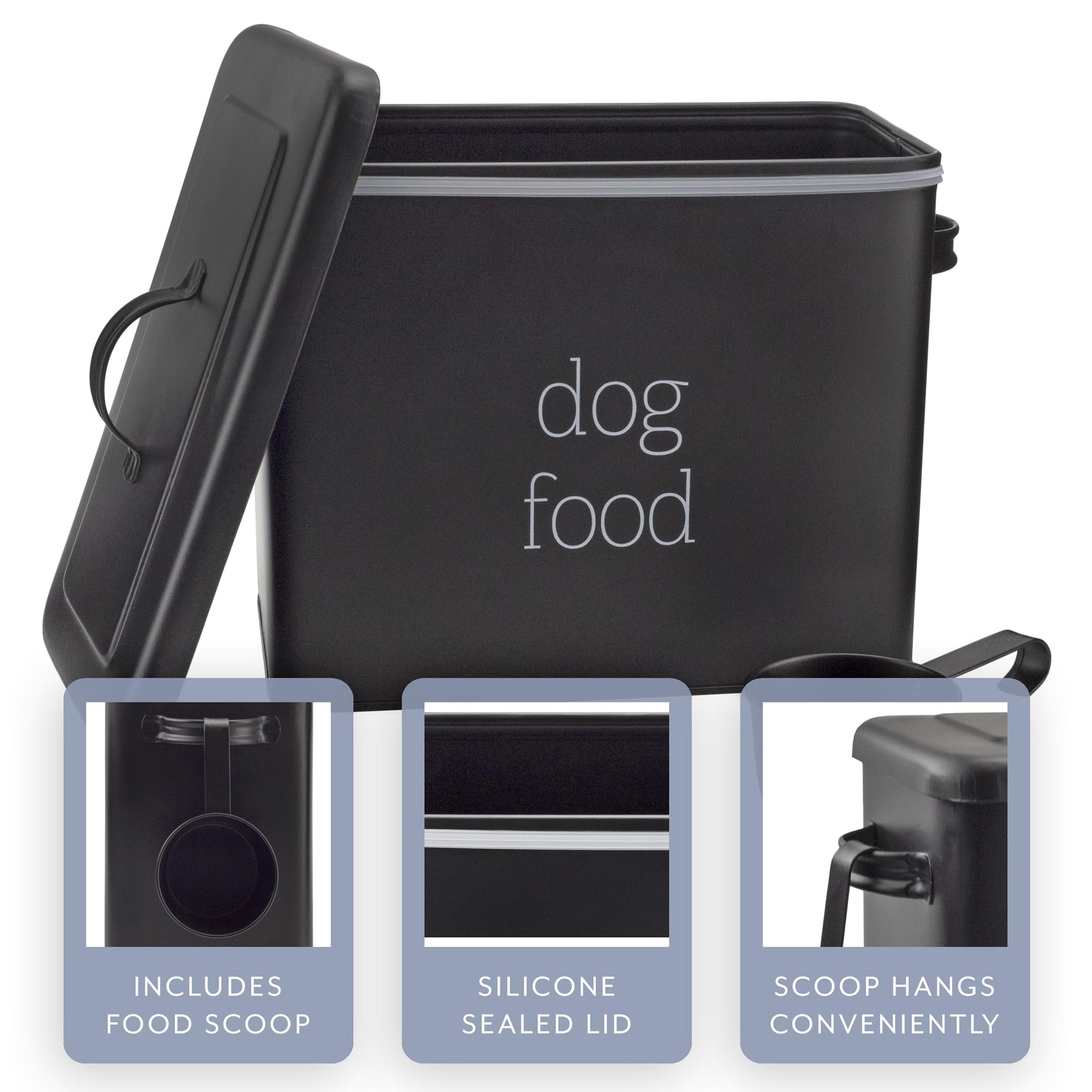 AuldHome Design retro dog food canister black lid detail highlights secure storage