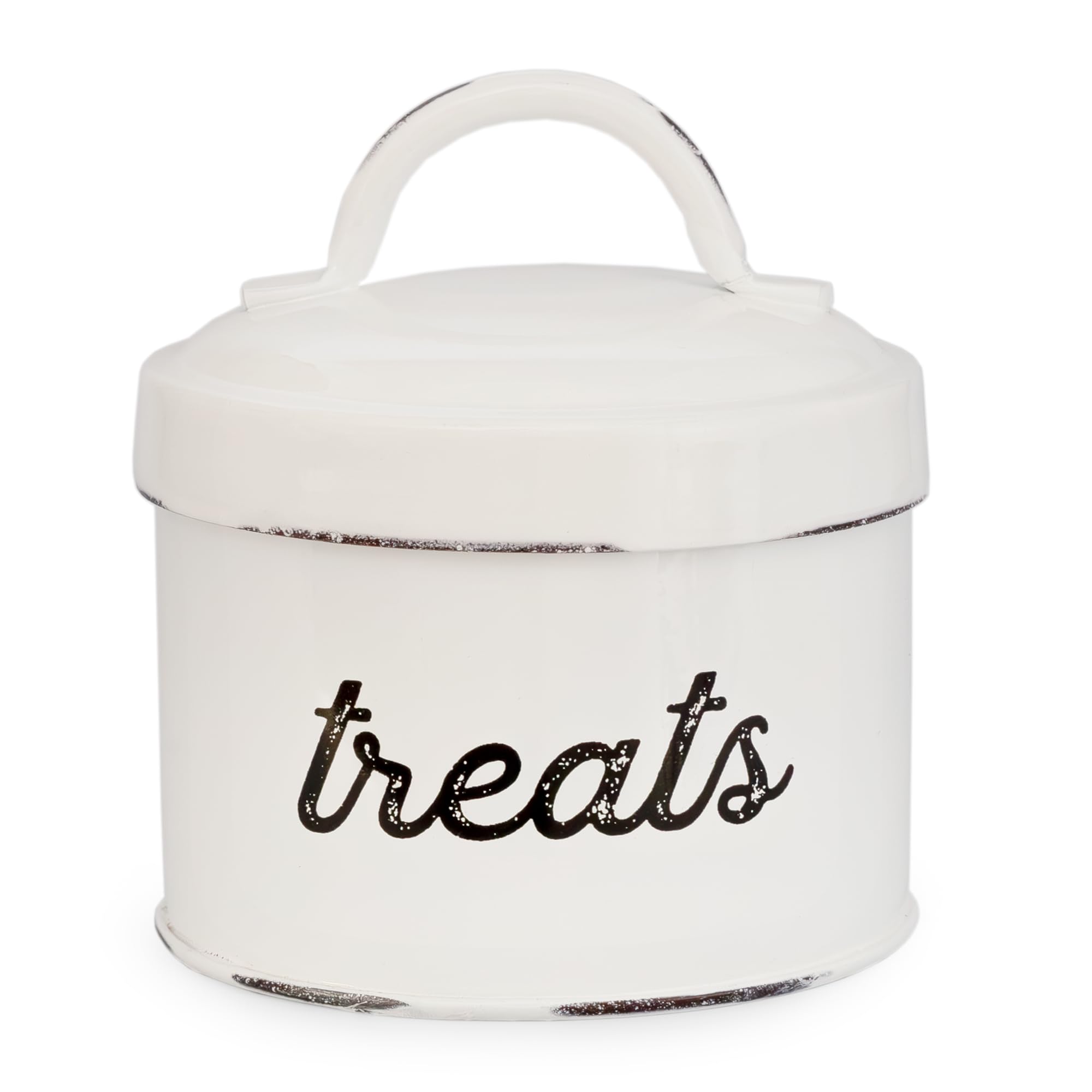 AuldHome enamelware cat treat container in white keeps small treats fresh on the counter.