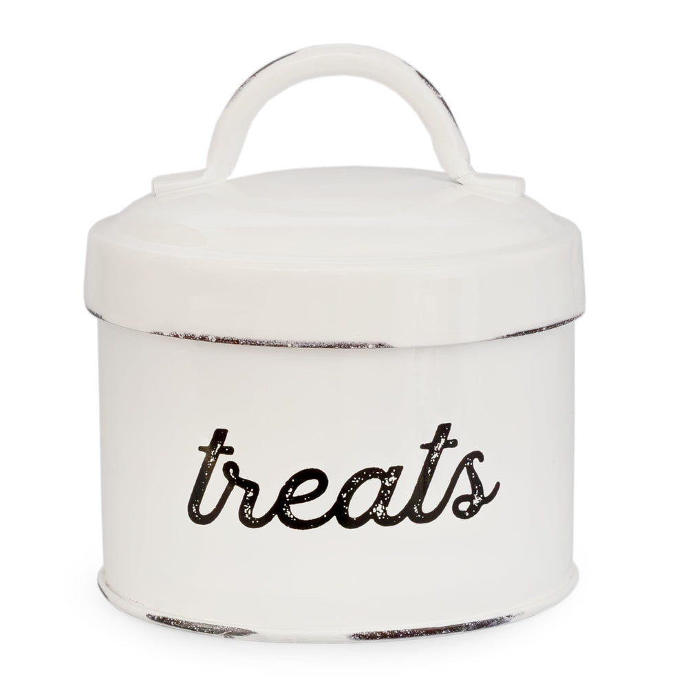 AuldHome enamelware cat treat container in white keeps small treats fresh on the counter.