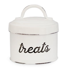 AuldHome enamelware cat treat container in white keeps small treats fresh on the counter.