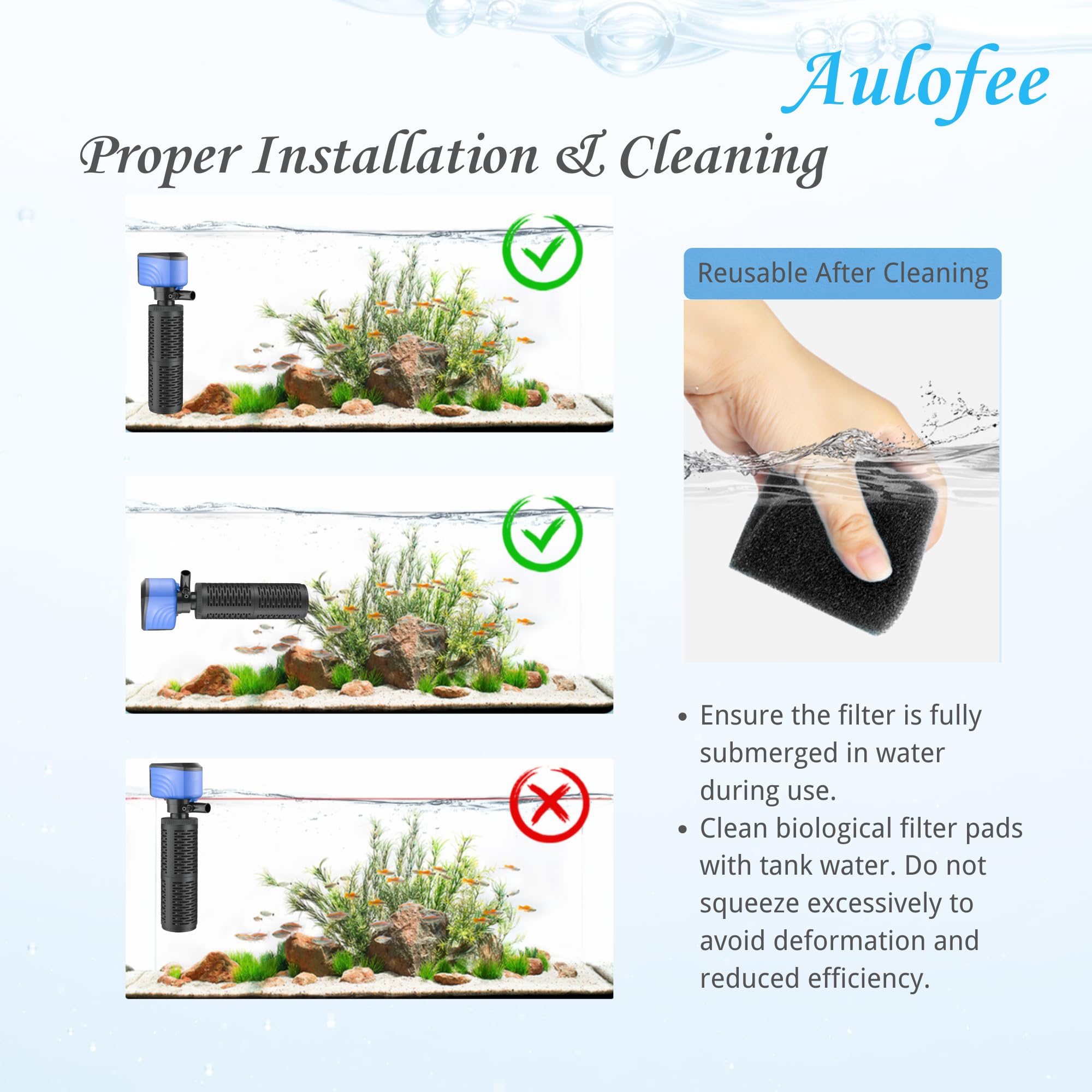 Aulofee filter operates quietly under 30 dB for peaceful tanks.