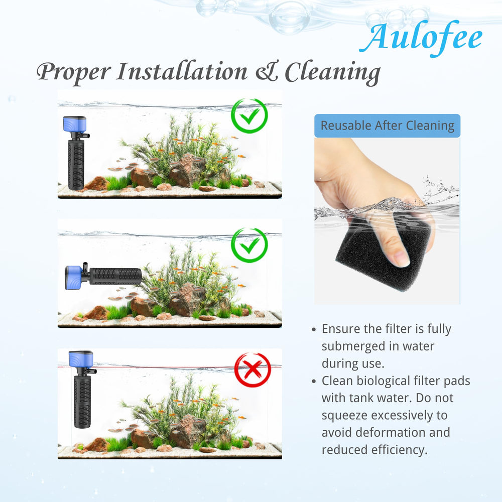 Aulofee filter operates quietly under 30 dB for peaceful tanks.