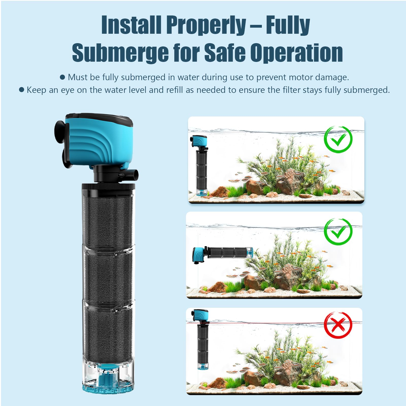 Aulofee adjustable outlet directs water flow for calm tank environment.