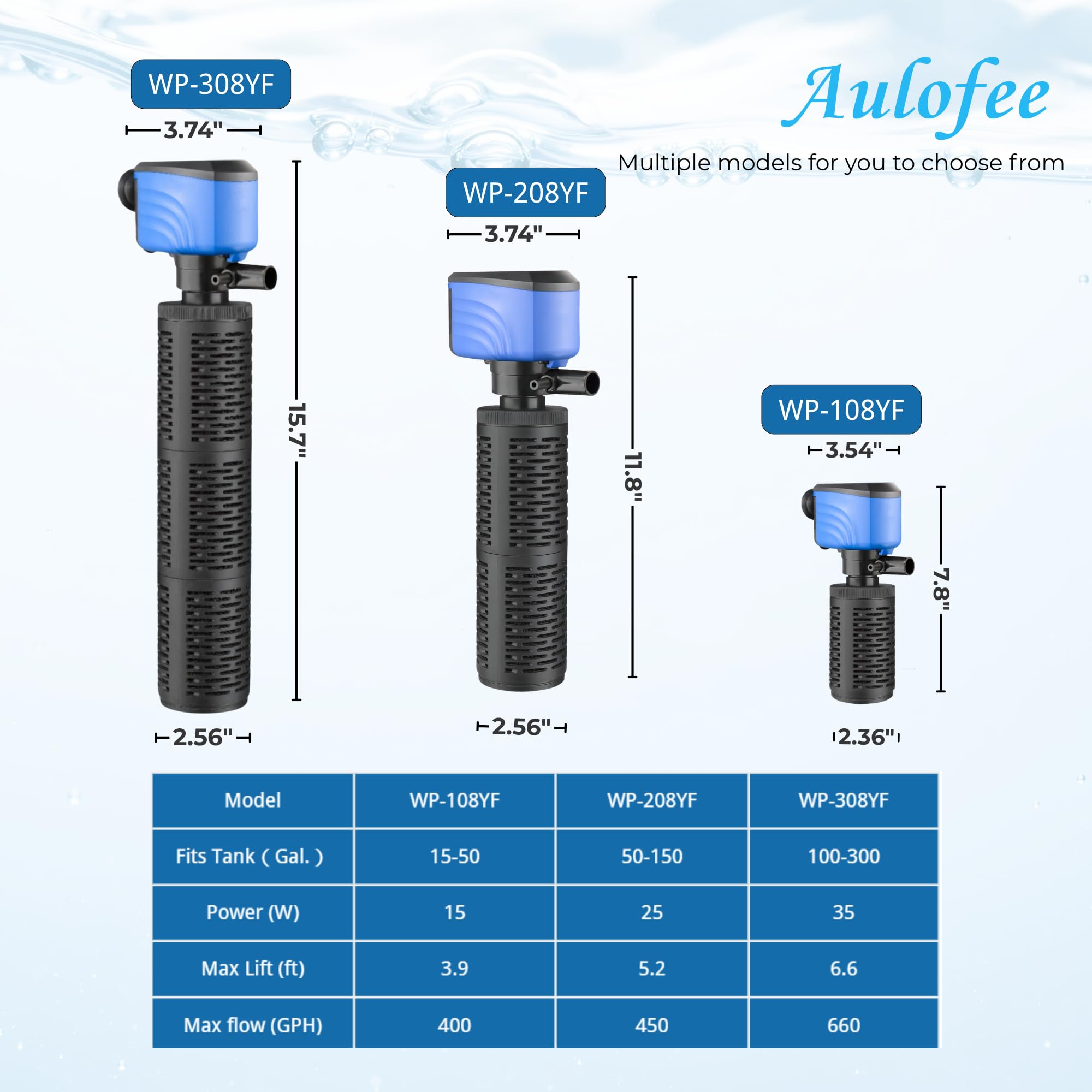 Aulofee adjustable filter size fits fish tanks, turtle habitats, and ponds.