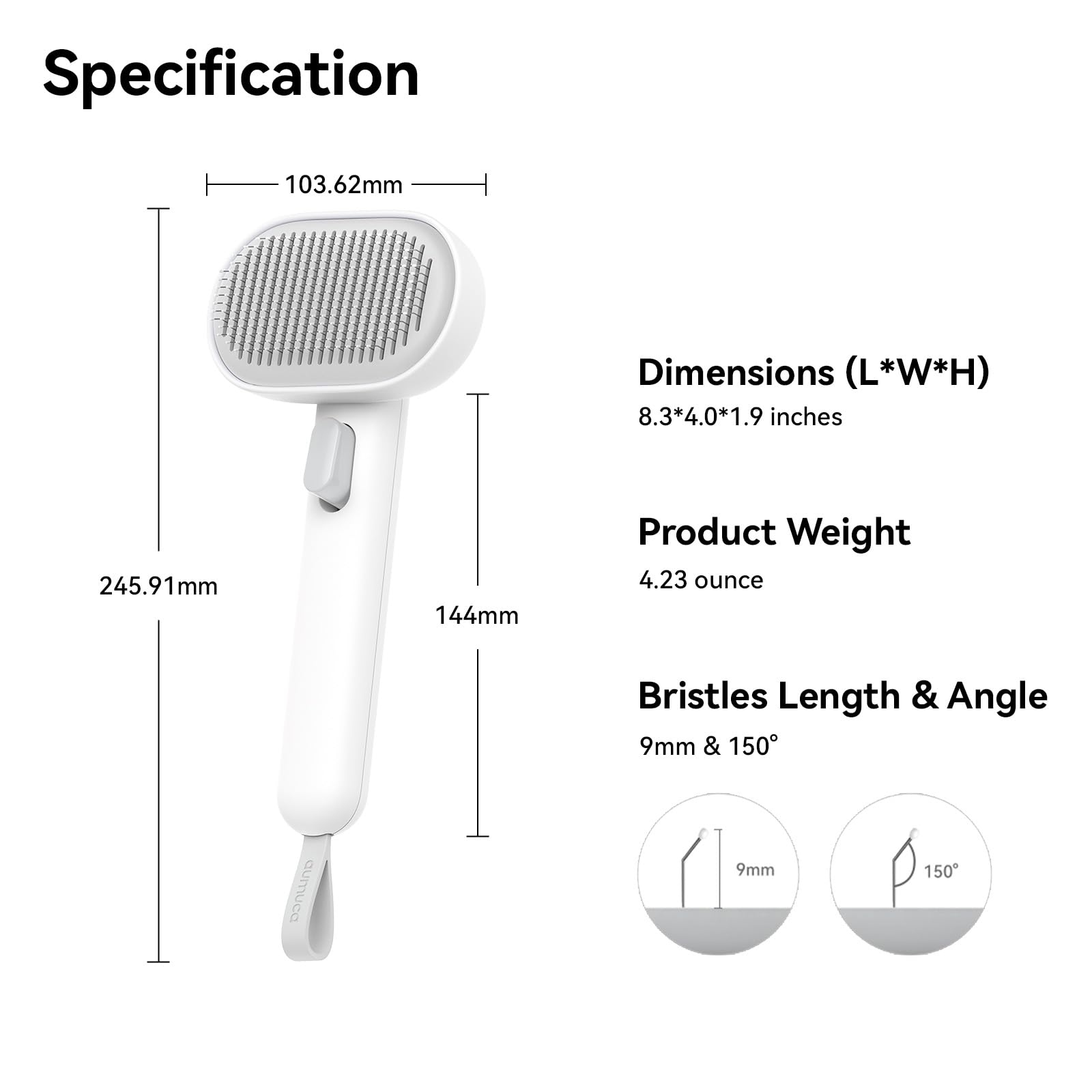 Aumuca Cat Brush hangs on a loop for easy storage.