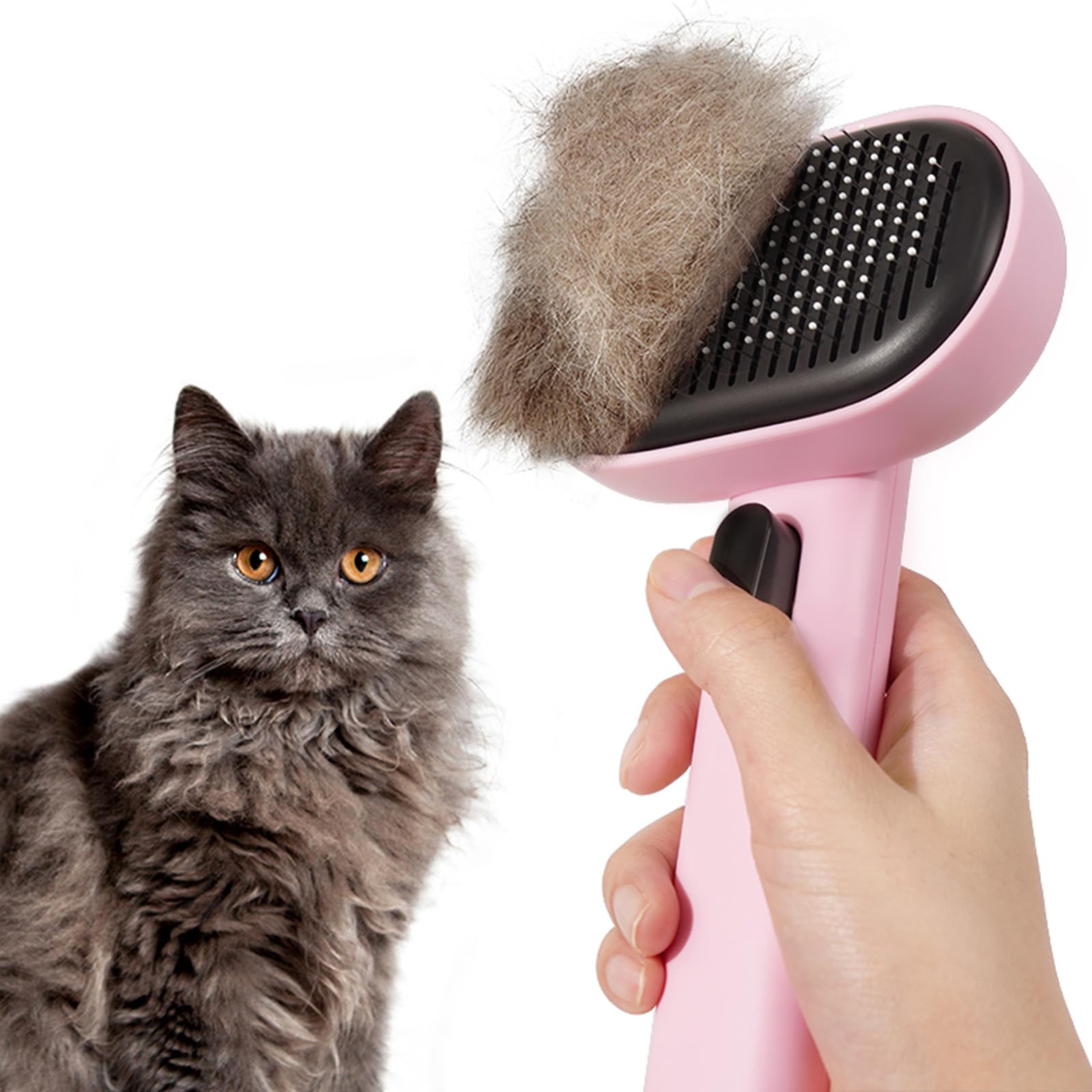 Aumuca cat brush with self-cleaning button for quick grooming.
