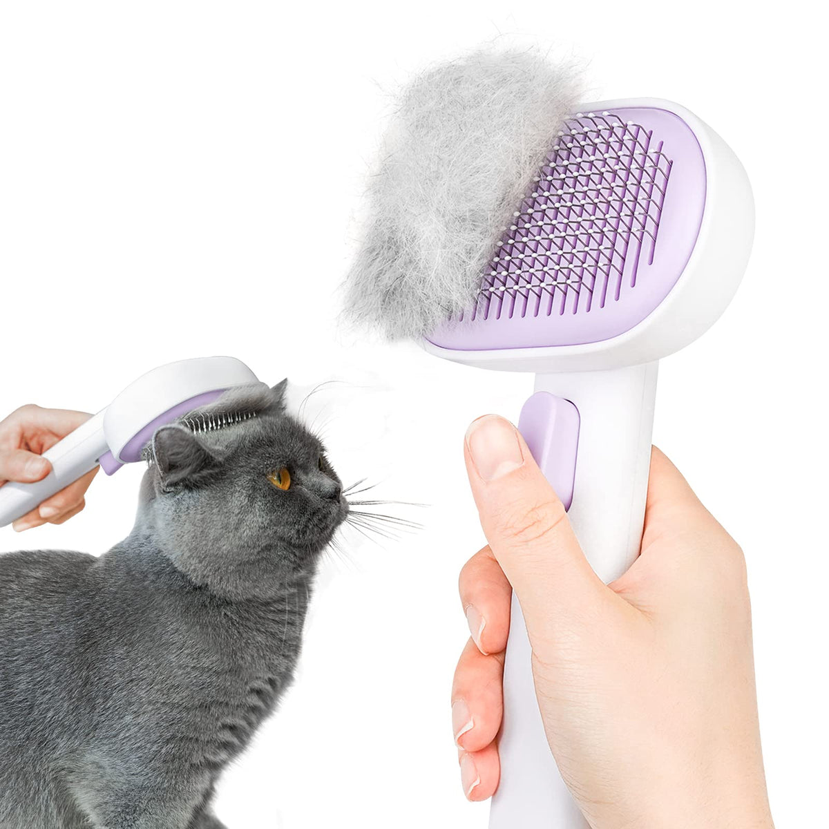 Aumuca self-cleaning cat and dog grooming brush removes loose fur for a cleaner coat.