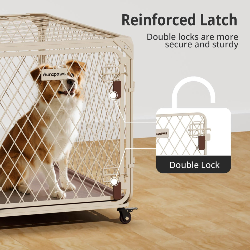 Aurapaws crate with lockable wheels for easy mobility.
