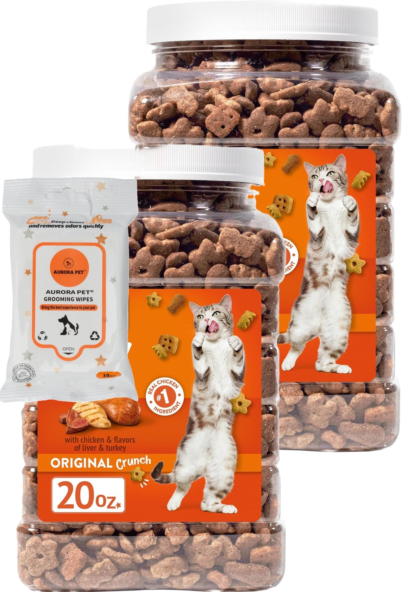 Aurora Pet bundle with 20 oz Original Crunch treats, real chicken first ingredient.
