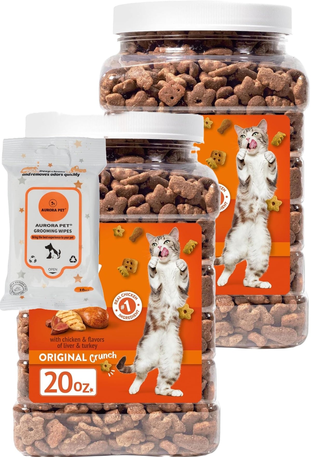 Aurora Pet bundle with 20 oz Original Crunch treats, real chicken first ingredient.