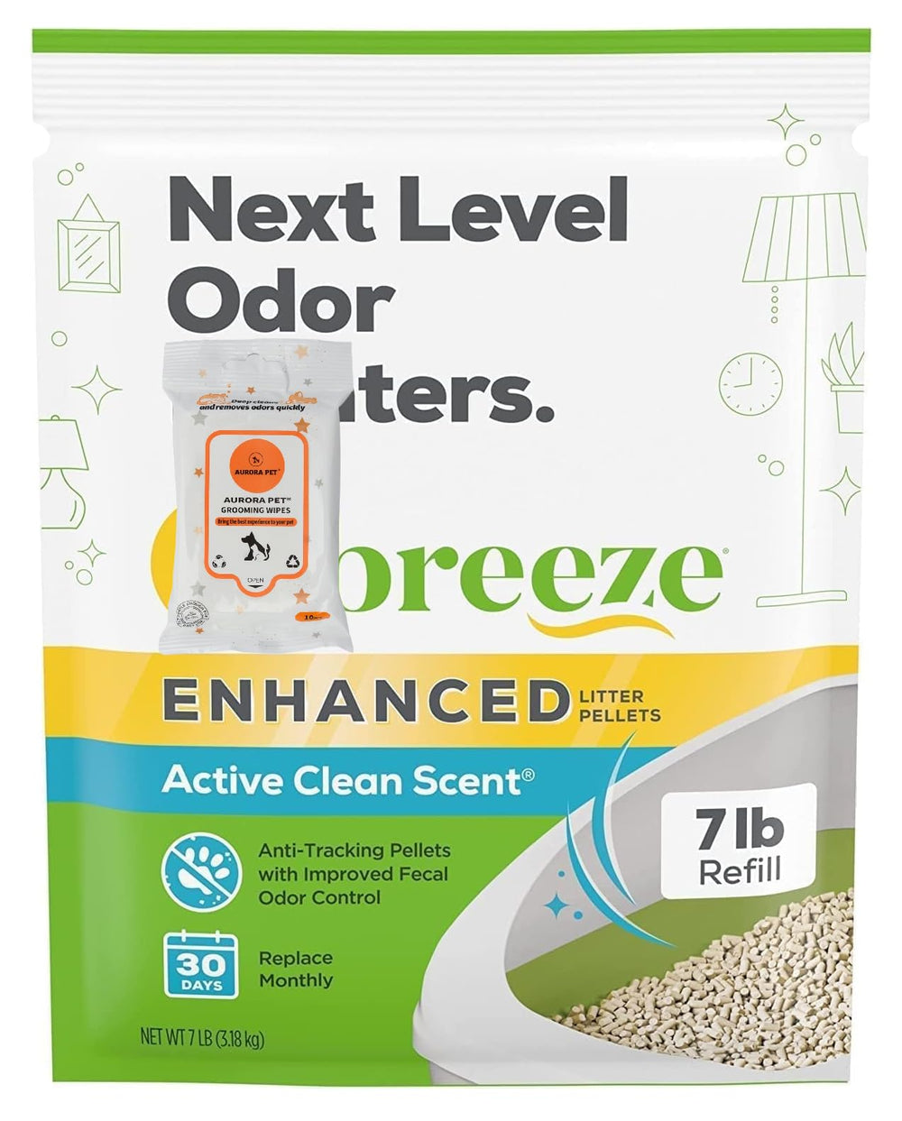 Aurora Pet Cat Breeze pellets front view, ready for clean refills.