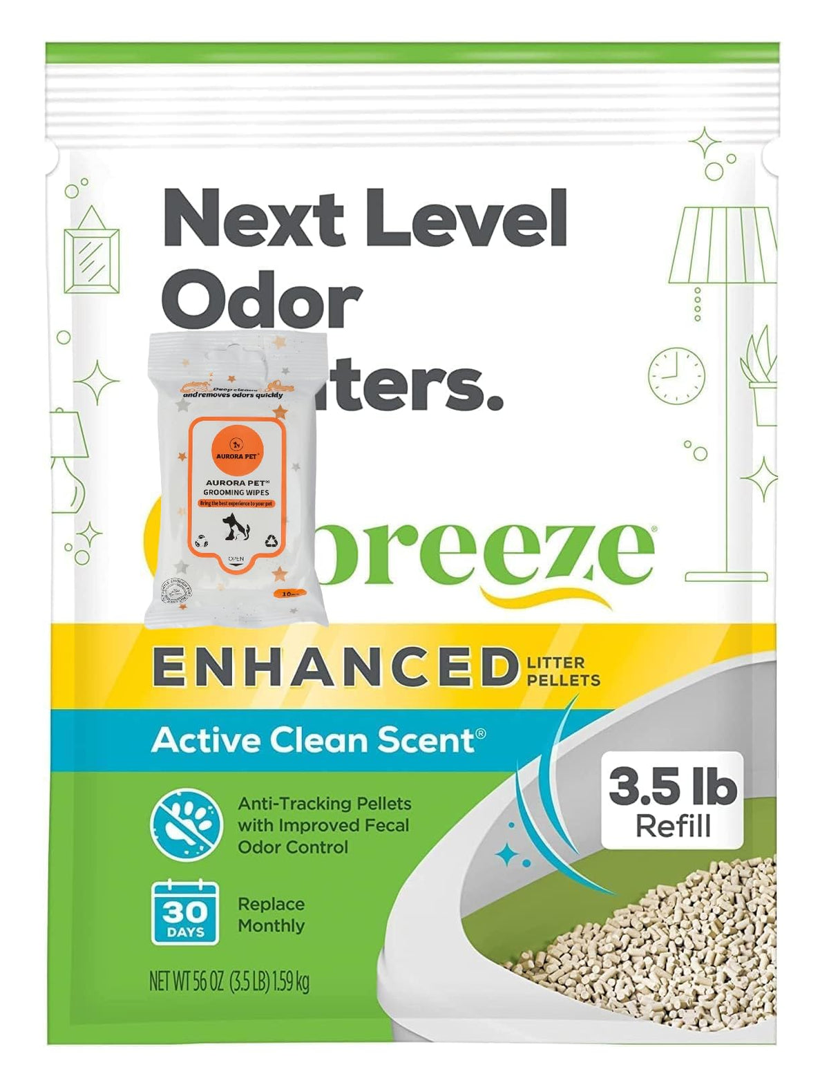 Aurora Pet Cat Breeze pellets demonstrate odor control with Active Clean Scent.