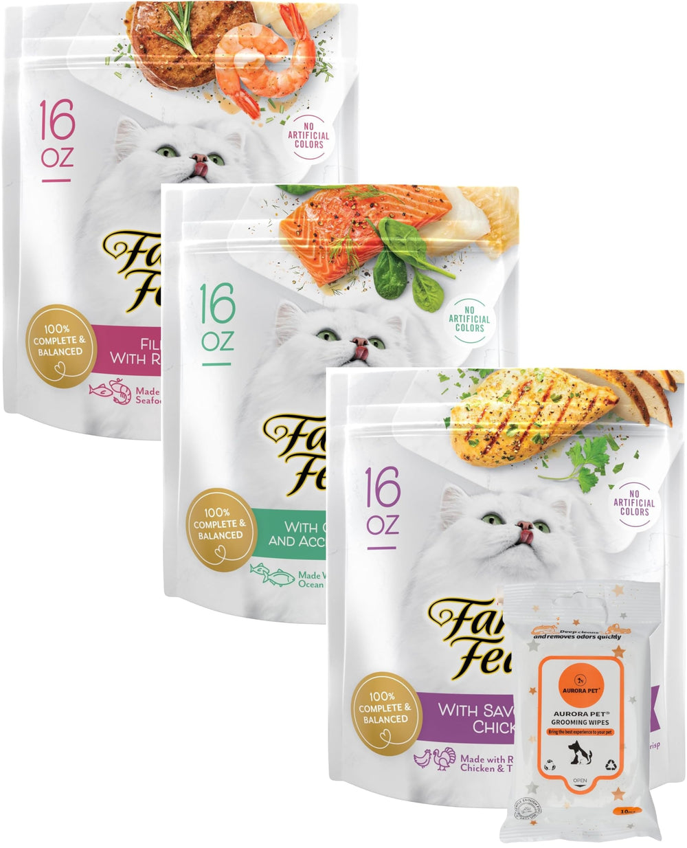 Aurora Pet Variety Pack dry cat food with filet mignon and ocean fish for balanced meals.