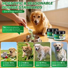 AUROS dental powder packaging label highlights vet-approved safe dental support.
