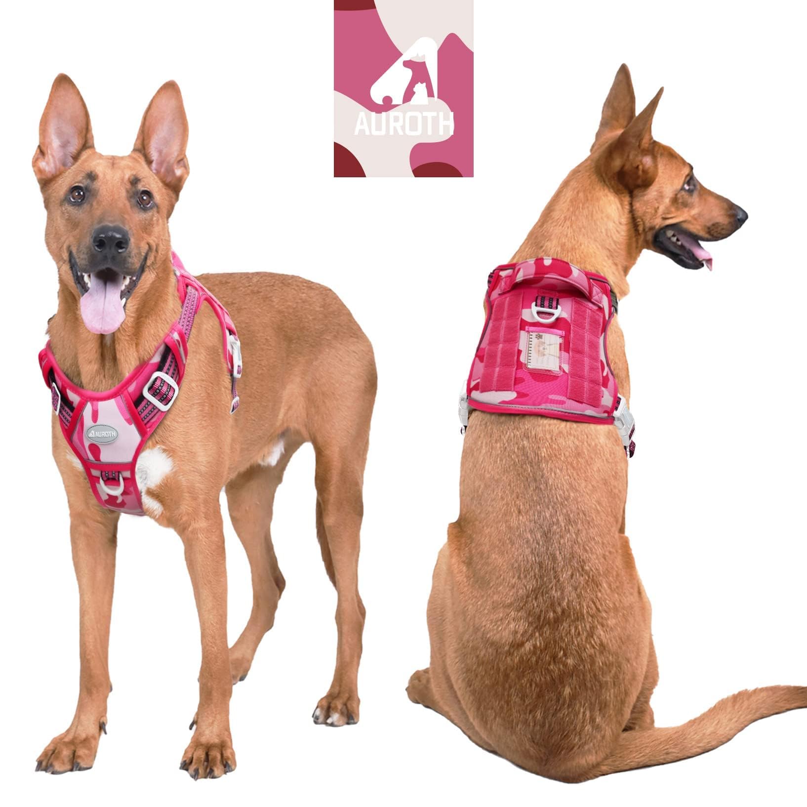 AUROTH tactical dog harness back view in pink camo highlighting back leash point