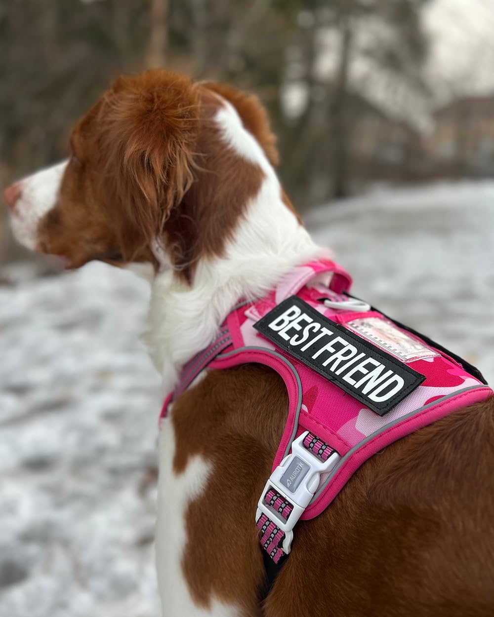 AUROTH pink camo front-clip harness for no-pull training.