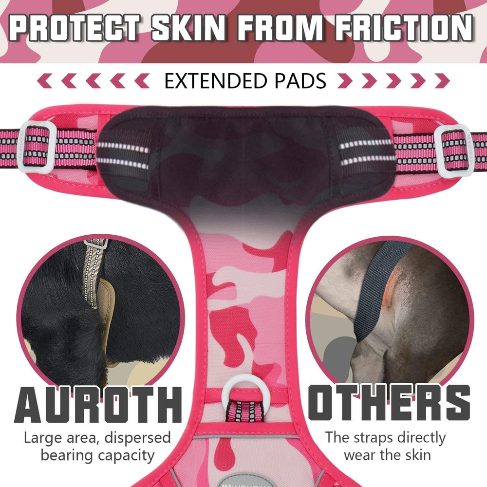 AUROTH pink camo harness worn by dog during outdoor walk.
