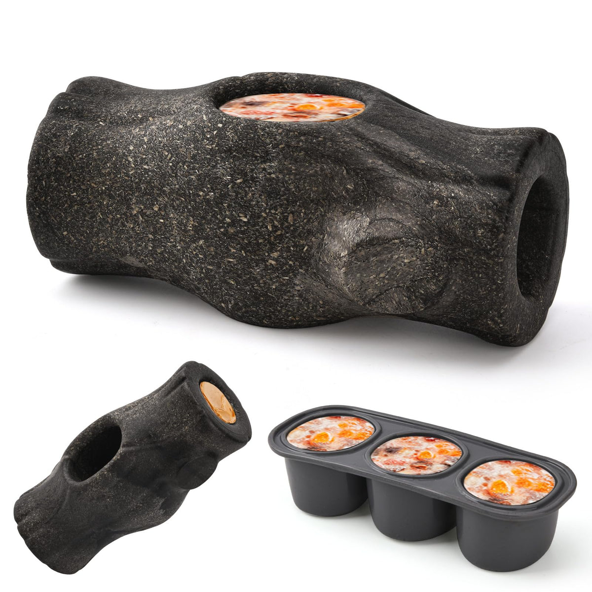AUSCAT stump-shaped enrichment toy with center hole for frozen treats, ideal for large dogs.