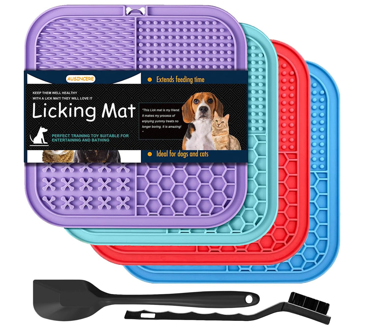 AUSINCERE lick mat for dogs and cats, 7.9 inch surface promotes slow feeding and calm behavior.