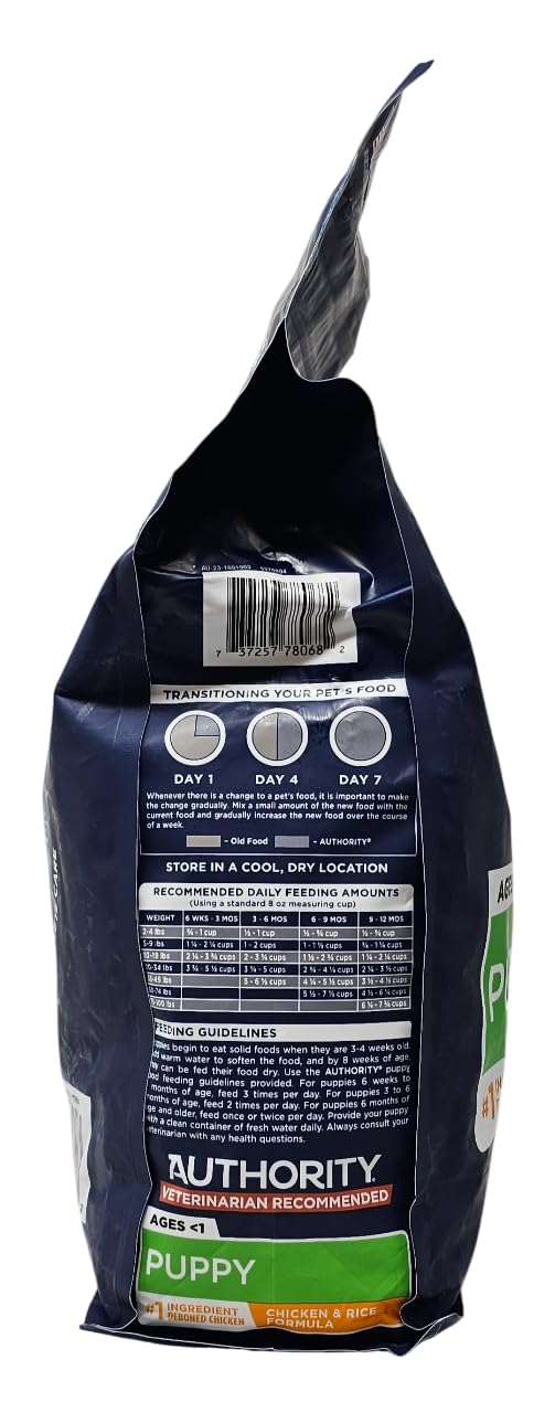 Authority Puppy Chicken and Rice bag shows feeding guidelines on side, convenient daily portions.