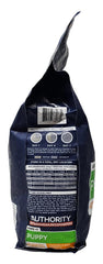 Authority Puppy Chicken and Rice bag shows feeding guidelines on side, convenient daily portions.