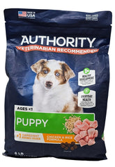 Authority Puppy Chicken and Rice dry dog food 6lb bag front, easy to store for growing puppies.