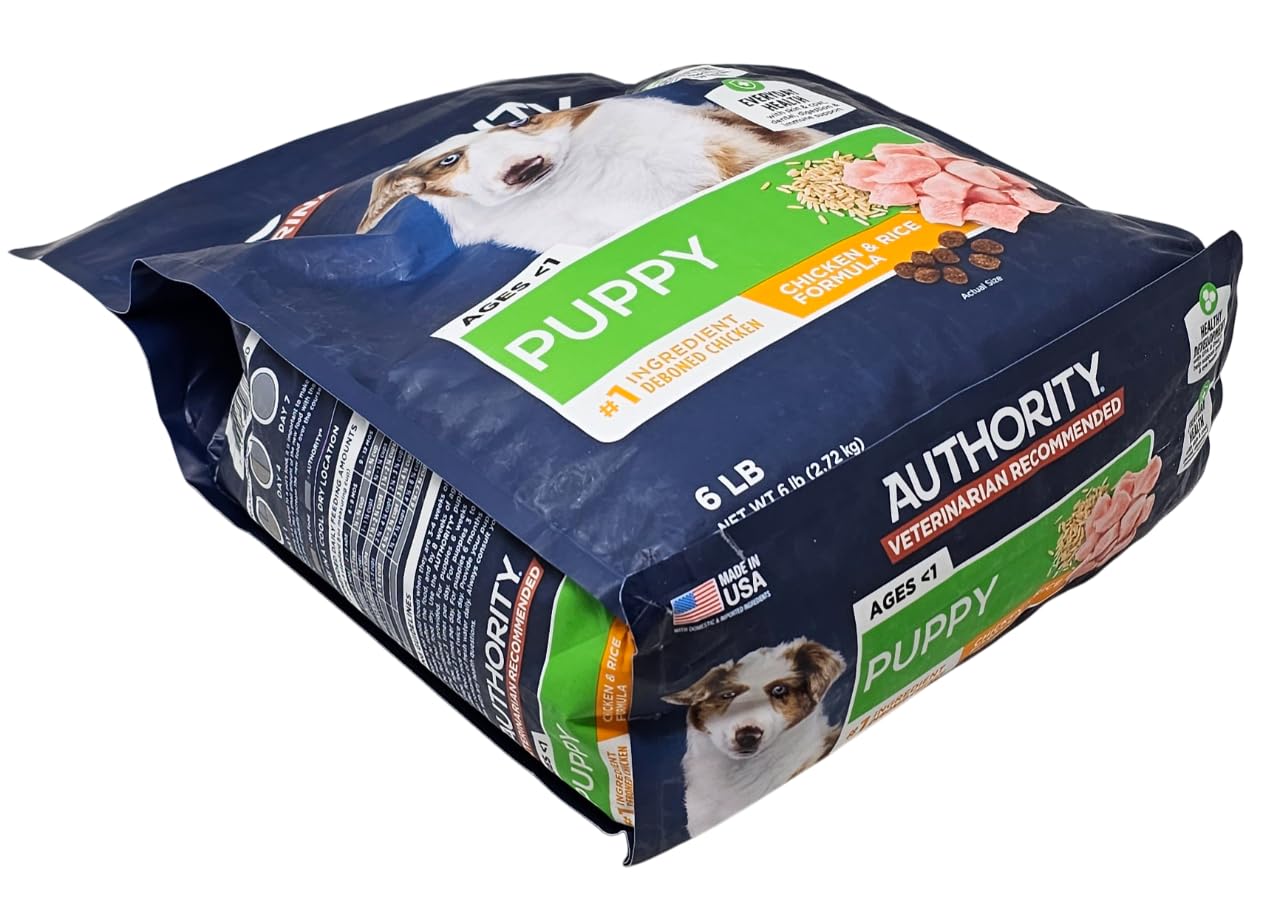 Authority Puppy Chicken and Rice six-pound bag for easy handling and storage.