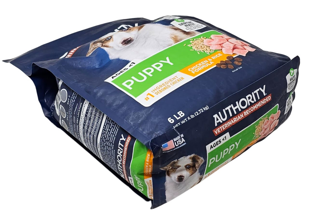Authority Puppy Chicken and Rice six-pound bag for easy handling and storage.
