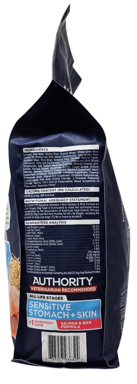 Authority salmon first ingredient dry kibble highlights palatability and nutrition