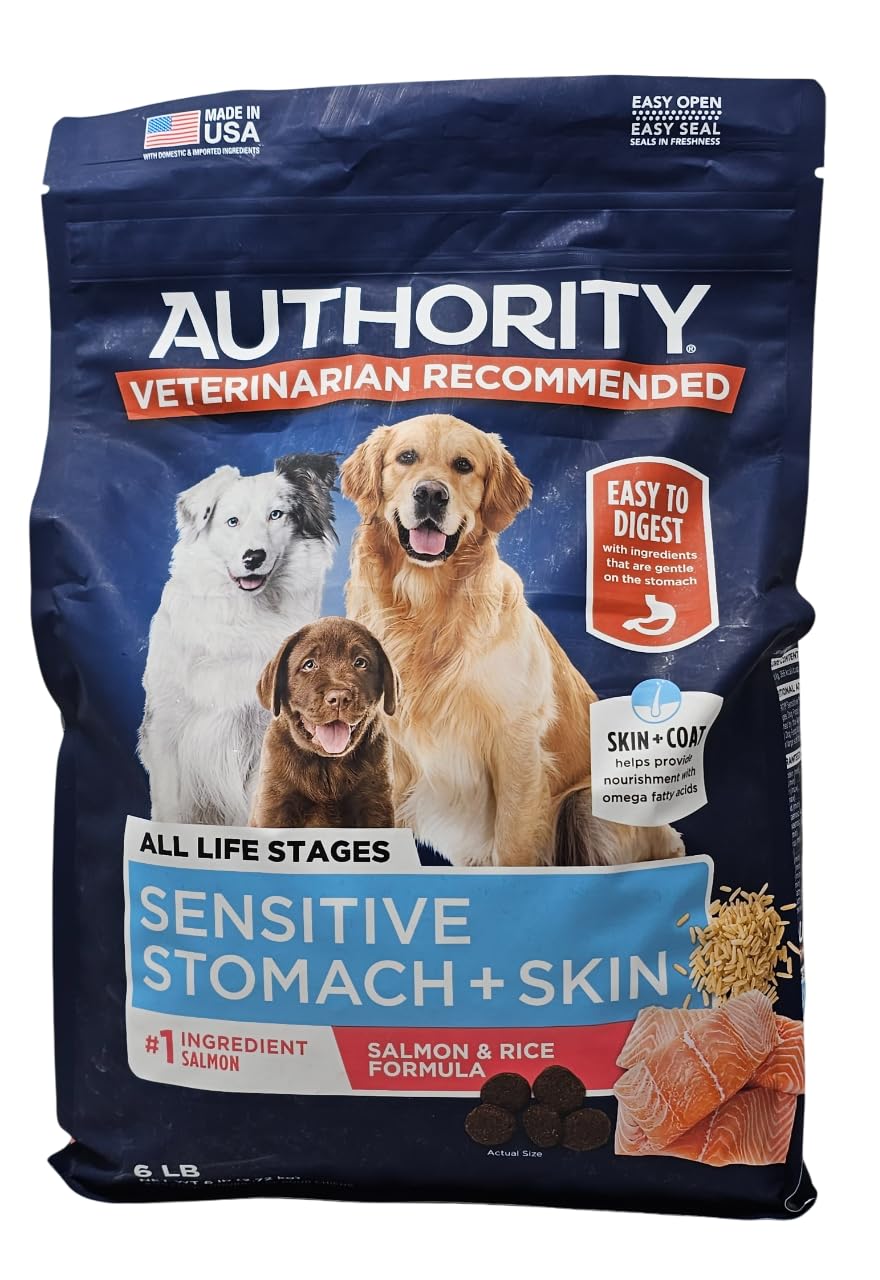 Authority sensitive stomach dog food bag with real salmon first ingredient for easy digestion