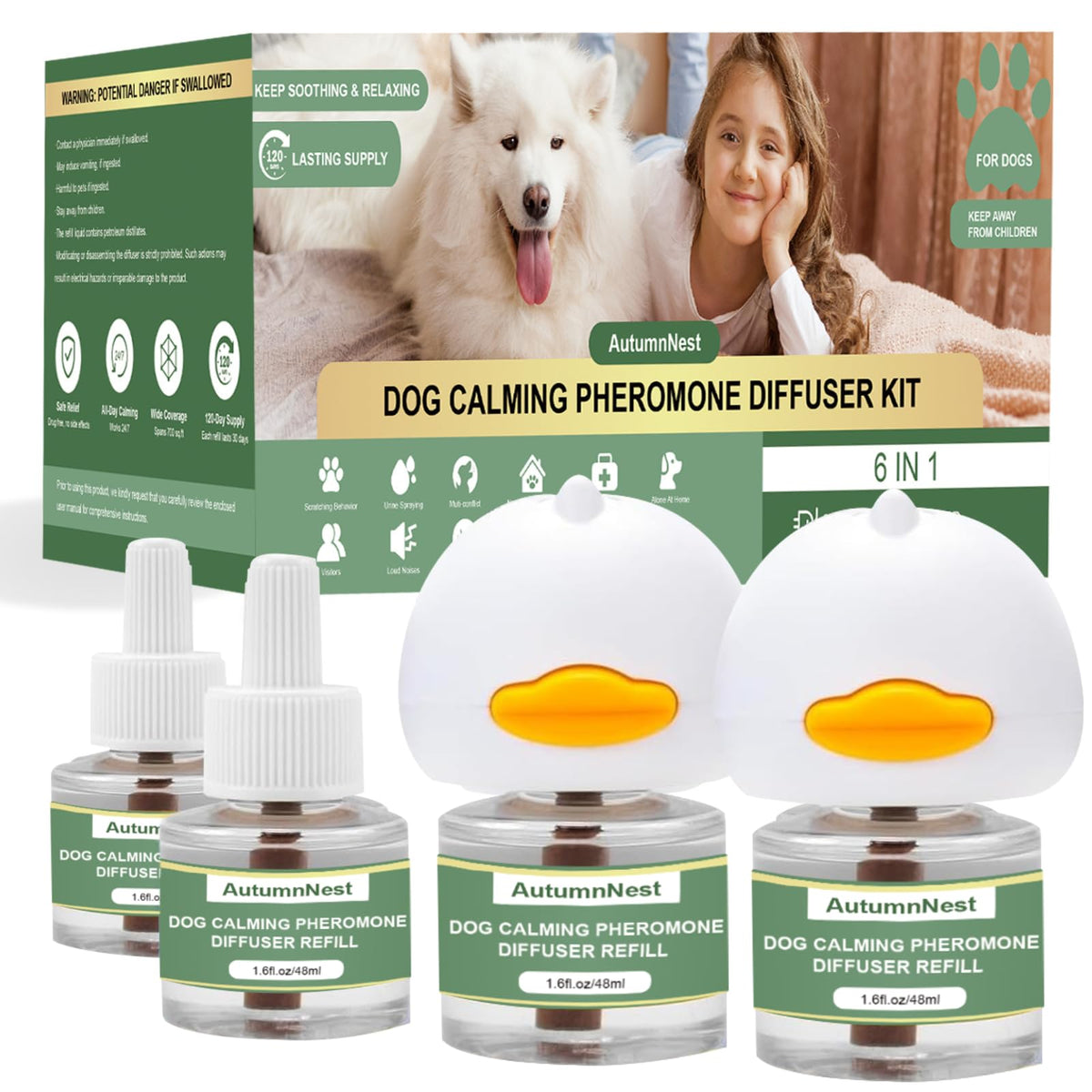 AutumnNest dog pheromone diffuser kit front view promotes calm during daily routines.