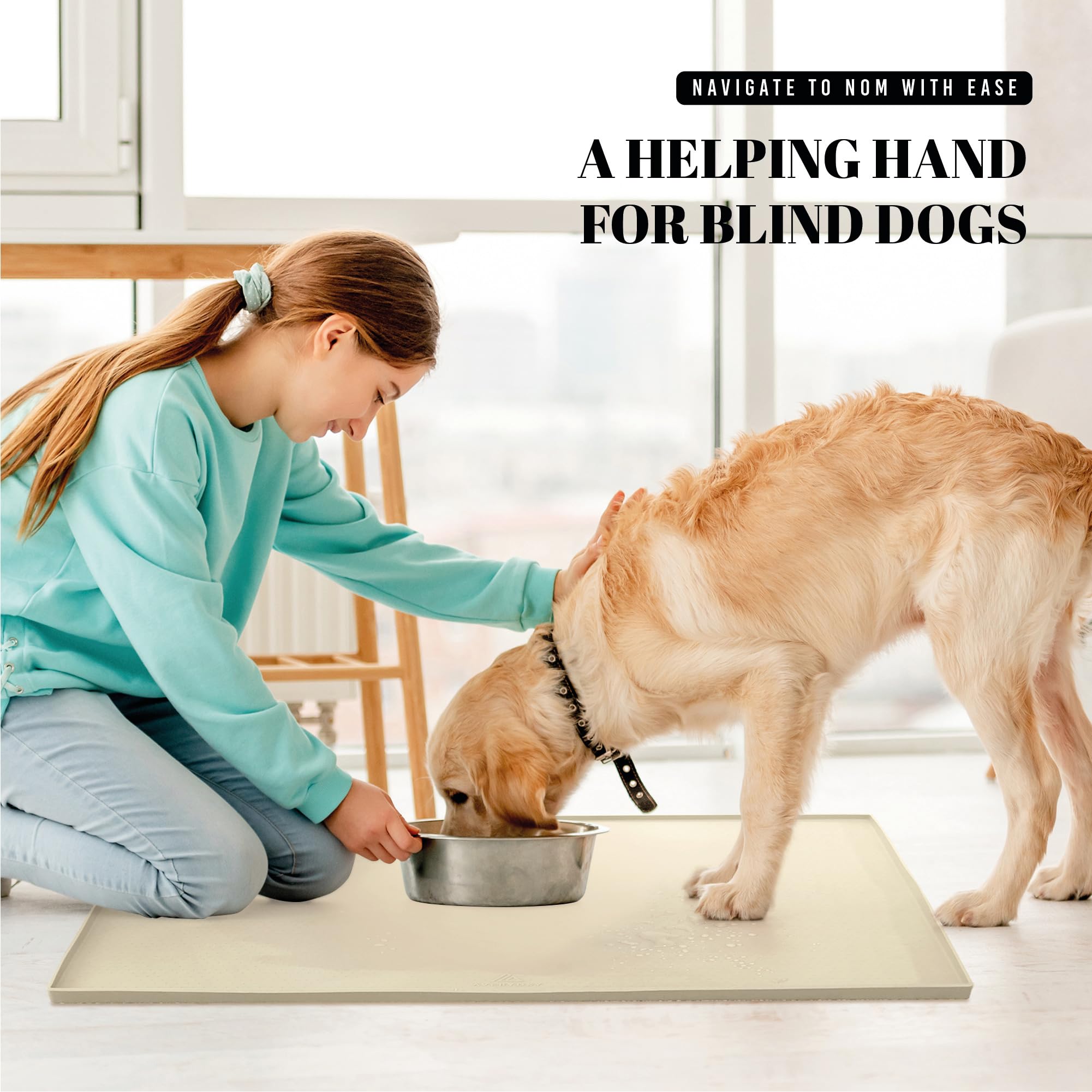 Averyday easy-clean mat keeps the feeding area organized.