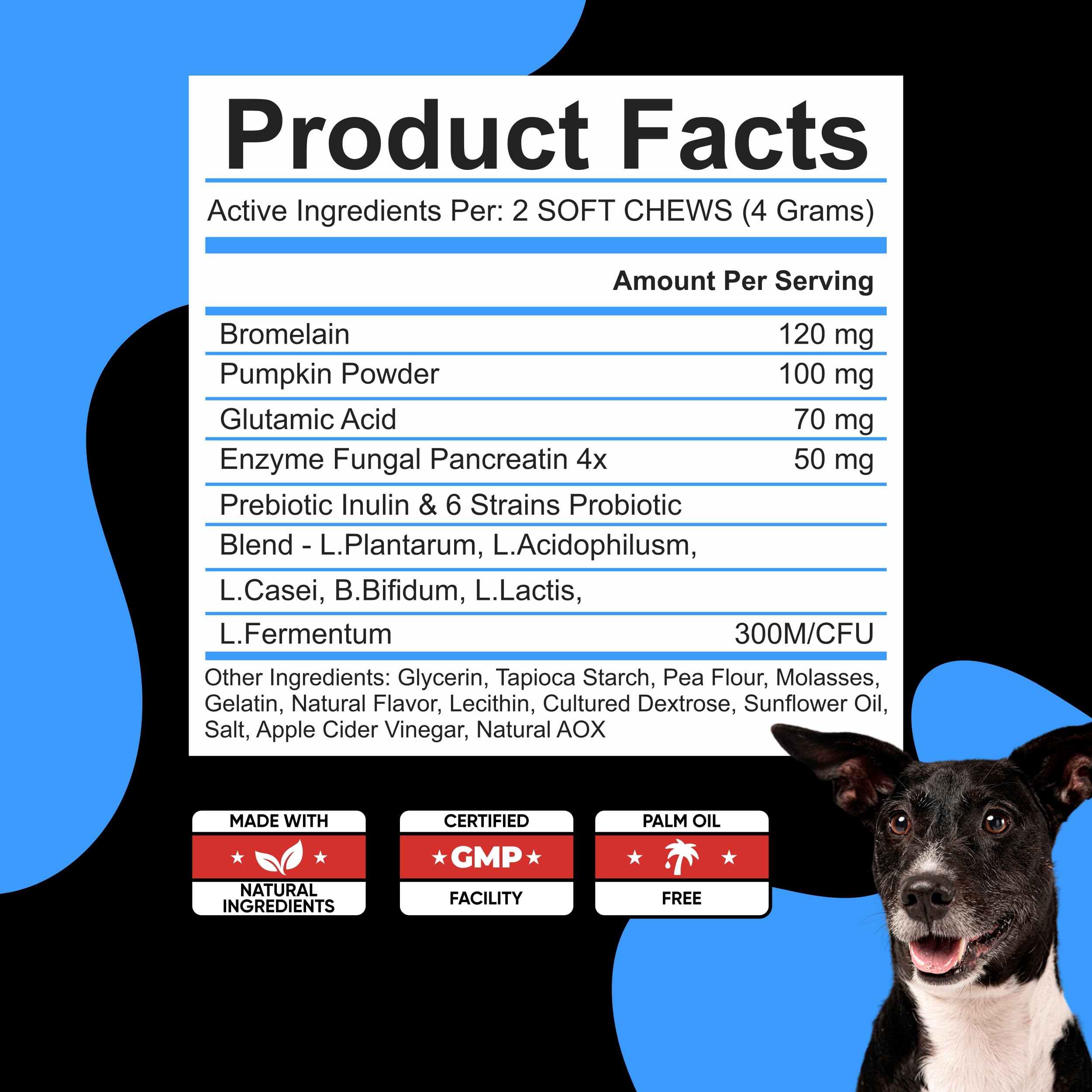 Avid Paws No Poo Chews label closeup communicates all-breeds support
